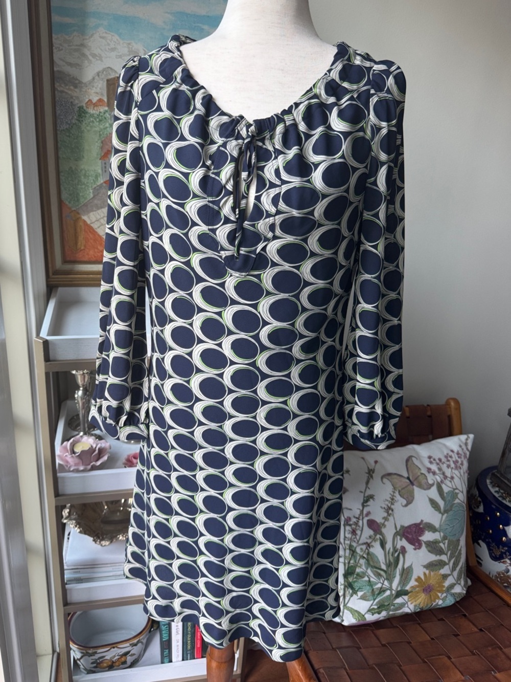 Moulinette Soeurs Navy, Olive & Cream Geometric Tie-Neck Long Sleeve Dress